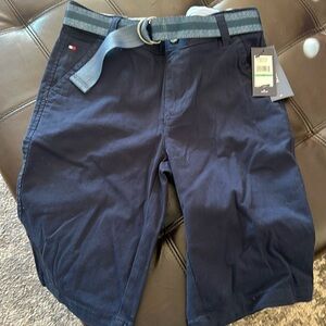 Boys navy flat front shorts with belt